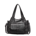 Vintage style black tote bag with leather texture and decorative front buckle detail - Gray