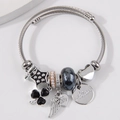 Adjustable stainless steel wire bracelet with pearls, heart charms and angel wings - Black