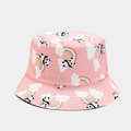 Detailed view of pink bucket hat with cute panda and rainbow prints on cotton fabric - M (56-58cm) / Pink Panda Rainbow Polka Dot Print