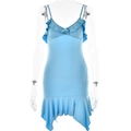 Abito con spalline azzurro a scollo a V con fiori 3D e orlo a balze asimmetrico - S / Blu