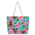 Blue canvas tote bag with tropical pink hibiscus print and white rope handles - Green