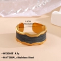 Adjustable golden stainless steel wavy ring with black enamel inlay and matte finish - Gold Wave Enamel Style / Gold