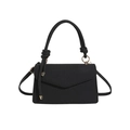 Black textured flap crossbody bag with knotted handle and golden ring hardware for women - Black