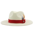 Straw fedora hat with red ribbon and anchor feather detail on a white background - Creamy White