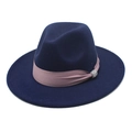Detail of navy wool fedora hat featuring a pink silk band and sparkling silver rhinestone buckle - Navy Blue