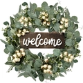 Close-up of faux eucalyptus wreath with white berries and a wooden welcome sign - RFW23006-Eucalyptus With Welcome Wooden Sign