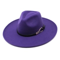 Detailed top view of deep purple wool fedora hat with thin leather band and gold metal buckle - M (56-58cm) / Purple