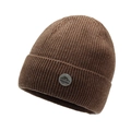 Dark brown ribbed knit beanie for men with a leather mountain logo patch on the cuff - One Size / Coffee