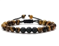 Detail van tijgeroog en lavasteen kralen op een zwart gevlochten verstelbare armband - Yellow Tiger Eye And Lava Stone
