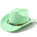 Close-up of mint green suede cowboy hat featuring ethnic style colorful stone bead band - Fruit Green