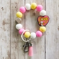 Silicone bead keychain bracelet in pink, yellow, and white with heart LOVE pendant - 6 (LOVE Pink Yellow White)