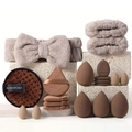 Brown makeup set with headband, sponges, and beauty blenders on stone platform - Essential Full Set / Brown