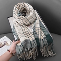 Beige plaid scarf with dark green and orange stripes featuring soft tassel fringe - 70*180cm / Dark Green