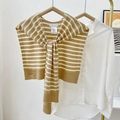 Khaki and white striped knit shawl accessory tied over a classic white shirt - Camel Stripes