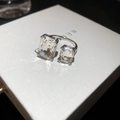 Macro detail of silver geometric open ring featuring two rectangular zircon gemstones - Two-Stone Parallel Design (Transparent Rectangular) / 4# Ring-Silver