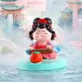 Tang Dynasty style figurine in red attire playing the guzheng with persimmon decor - 1056-16A Playing Zither Stand