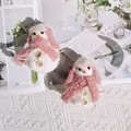 Plush snowman rabbit Christmas ornament with pink wool scarf and wooden buttons - Pink Hat Snowman / Pink