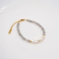 French vintage freshwater pearl and grey moonstone beaded bracelet with K14 gold finish - Bracelet