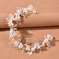 Cerchietto da sposa elegante con perle, foglie dorate e piccoli fiori blu - Blu