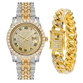Luxurious gold and silver hip hop watch set with iced-out Cuban bracelet for men - Gold Watch + Gold Bracelet