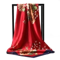 Red satin square scarf with vintage floral patterns and deep blue border display - Blooming Rose Red (SD90-47-2)