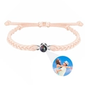 Detailed view of pink woven bracelet featuring custom photo projection stone for couples - Projection Bracelet - Brown