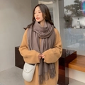 Solid brown wool cashmere blend scarf with fringe paired with a yellow sweater - Flax Khaki