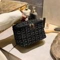 Portable tweed shell cosmetic bag with black and white woven pattern and gold zipper - Tweed Style Makeup Bag Black