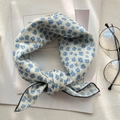 Floral cotton linen neck scarf with blue flowers on beige base and black edge - XY-3 Off-white Blue Floral Black Edge