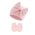 Pink newborn baby hat and mittens set with large knit bow for infants 0-6 months - Pink