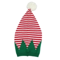 Striped red and white Christmas elf knit beanie with green trim and white pom pom - Adult / Red White Triangle