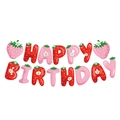 Pink and red strawberry themed Happy Birthday party banner with cute cartoon letter cards - Red & Pink Strawberry Birthday Banner