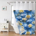 Détail du rideau de douche gaufré aux roses vintage bleues et texture imperméable - Fleurs de Rose Bleue & Jaune
