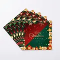 Red and green Merry Christmas paper napkins with gold tree and snowflake patterns - Napkins / 20 Pieces Set