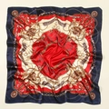 Elegant 90cm square silk scarf featuring royal chain and rope prints with red and navy tones - 90x90cm / Navy Blue