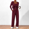 Detailed close-up of wine red three-piece knit set showing fabric texture and design - S / Burgundy