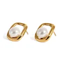 Modern square gold-plated stud earrings featuring an elegant white pearl inlay - Gold Style (KD3357)