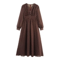 Elegantes dunkelbraunes Chiffon-Maxikleid mit weißen Punkten, V-Ausschnitt und langen Ärmeln - S / Dunkelbraun
