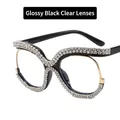 Montatura occhiali a gufo oversize nero lucido con strass e lenti trasparenti - Nero Lucido Lenti Trasparenti