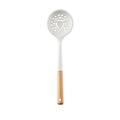White silicone kitchen slotted spoon with wooden handle and smiling filter holes - Skimmer