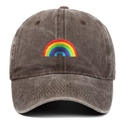 Detailed close-up of rainbow embroidery on a vintage washed cotton baseball cap - Adjustable / Coffee