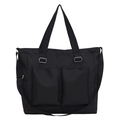 Waterproof black canvas tote bag with adjustable shoulder strap and front pockets - Black