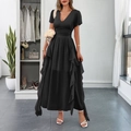 Elegant black V-neck short sleeve maxi dress with tiered ruffle details and waist tie - S / Black