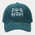 Detailed close-up of DOG MOM embroidery on dark green corduroy baseball cap texture - One Size / Dark Green