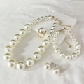 Elegant white pearl necklace, bracelet, earrings and ring jewelry set with gold metal accents - Adjustable 5PCS Set White