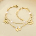 Detail of 18K gold-plated double-layer chain bracelet with bow charms and white pearls - Double Layer Pearl Bow Style (KB204107-SXSJ)
