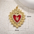 Detail view of 32x25mm red enamel heart crown pendant with gold plating and crystals - R003-Radiance Cross Heart