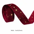 25mm wide dark red velvet ribbon with golden star foil pattern for DIY crafts - 2.5cm / Burgundy