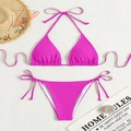 Hot pink triangle cup bikini set with halter neck and side tie low waist bottom - Rose Red (Bikini Set)