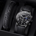 Men's minimalist black quartz watch set with braided leather bracelets in gift box - Gift Box Set / Black Strap Silver Needle Set